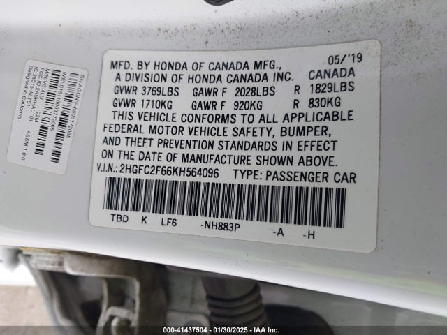 Honda Civic Lx 2019 2HGFC2F66KH564096 Image 9