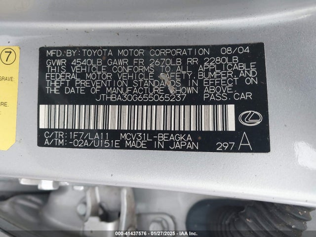 Продаж на аукціоні авто 2005 Lexus Es 330, vin: JTHBA30G655065237, номер лоту: 41437576