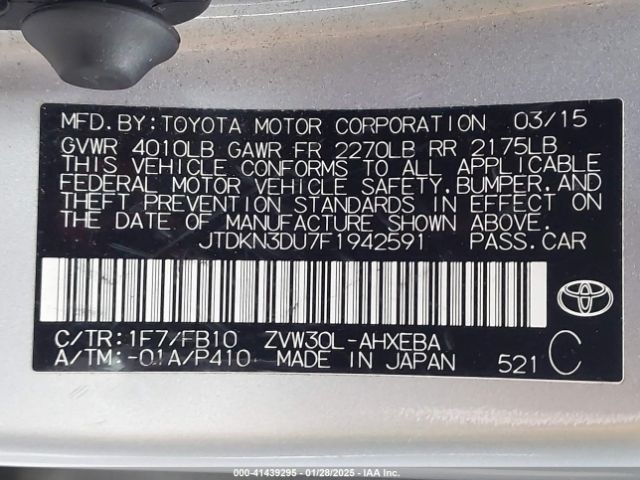 JTDKN3DU7F1942591 Toyota Prius