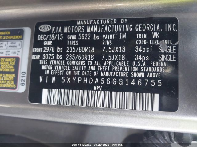 5XYPHDA56GG146755 KIA Sorento 3.3l Ex