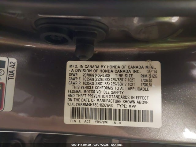 2HKRM4H78EH697643 Honda Cr-v Ex-l