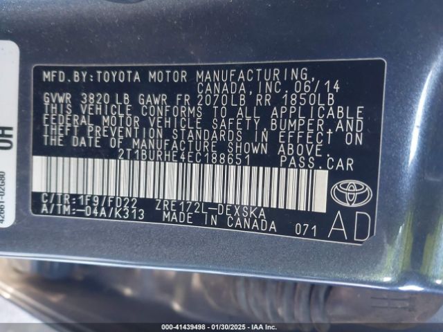 2T1BURHE4EC188651 Toyota Corolla L/le/le Pls/prm/s/s Pls