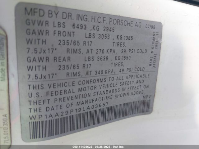 2009 PORSCHE CAYENNE WP1AA29P19LA03657 Photo 8