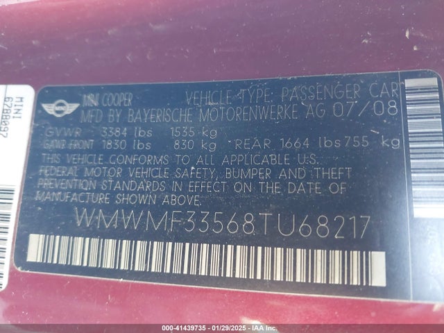 2008 MINI COOPER WMWMF33568TU68217 Photo 8