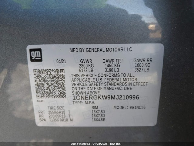 1GNERGKW9MJ210996 Chevrolet Traverse Fwd Lt Cloth