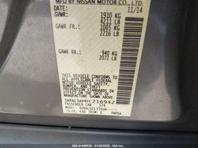 Nissan Altima 2.5 S 2015 1N4AL3AP4FC216942 Image 9
