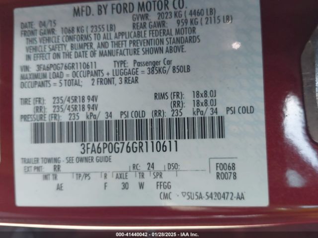 3FA6P0G76GR110611 Ford FUSION S
