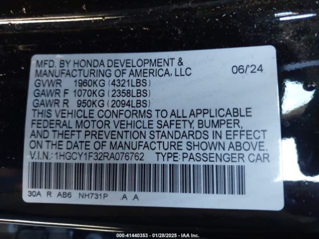 1HGCY1F32RA076762 Honda ACCORD EX