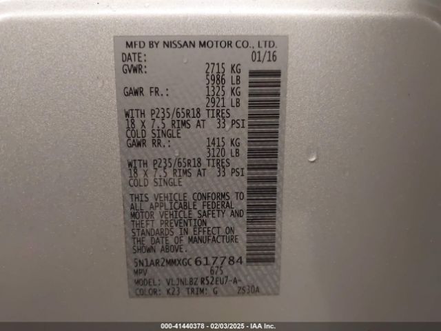 5N1AR2MMXGC617784 Nissan Pathfinder Platinum/s/sl/sv