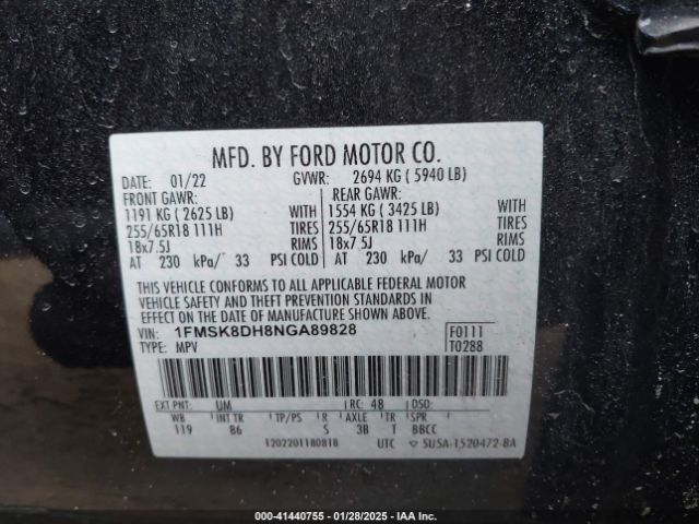 1FMSK8DH8NGA89828 Ford EXPLORER XLT