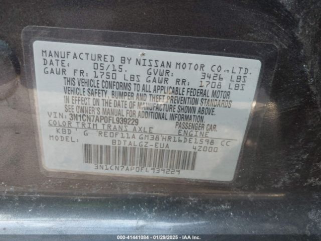 3N1CN7AP0FL939229 Nissan Versa 1.6 Sl