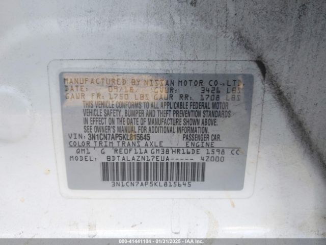 3N1CN7AP5KL815645 Nissan Versa 1.6 S+