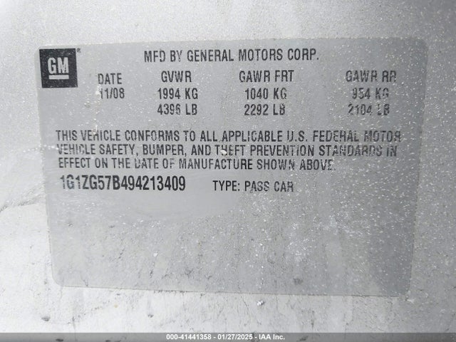 41441358 :رقم المزاد ، 1G1ZG57B494213409 vin ، 2009 Chevrolet Malibu Ls مزاد بيع
