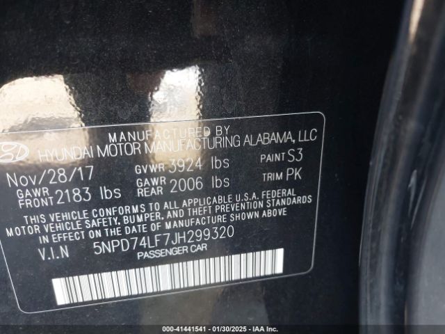 5NPD74LF7JH299320 Hyundai ELANTRA SE