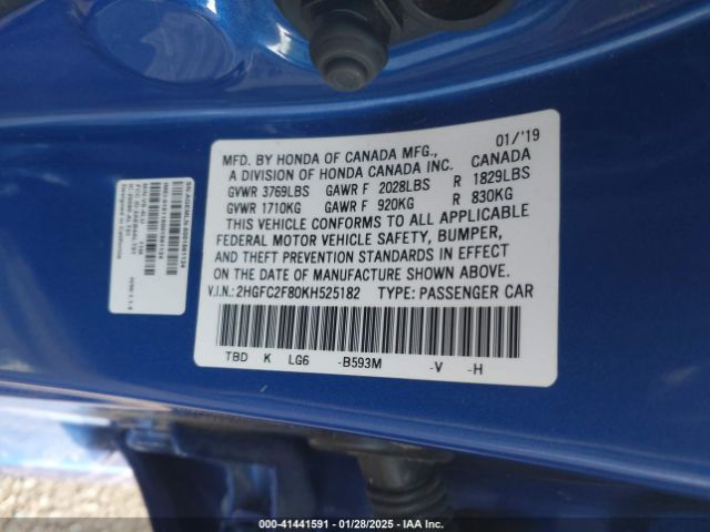 2HGFC2F80KH525182 Honda Civic Sport