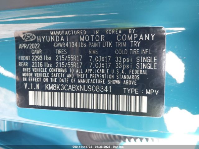 KM8K3CABXNU908341 Hyundai Kona Sel