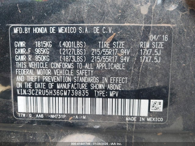 3CZRU5H36GM739835 Honda HR-V LX