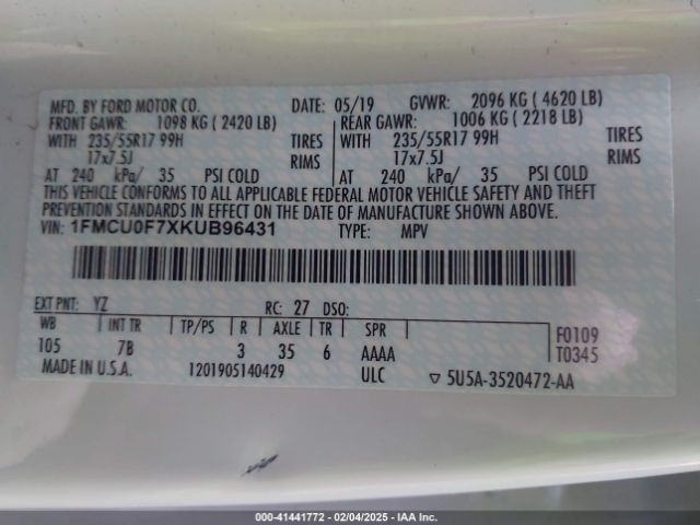 1FMCU0F7XKUB96431 Ford ESCAPE S