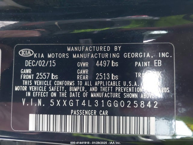 5XXGT4L31GG025842 KIA Optima Lx