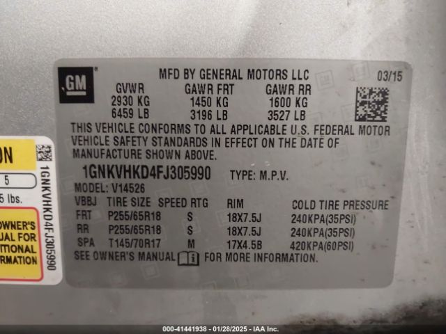 1GNKVHKD4FJ305990 Chevrolet Traverse 2lt