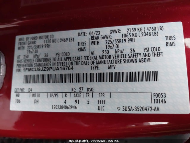 1FMCU9JZ9PUA16764 Ford Escape Platinum