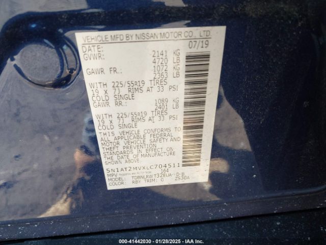 5N1AT2MVXLC704511 Nissan Rogue Sl Intelligent Awd