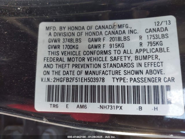 Honda Civic Lx 2014 2HGFB2F51EH503978 Image 9