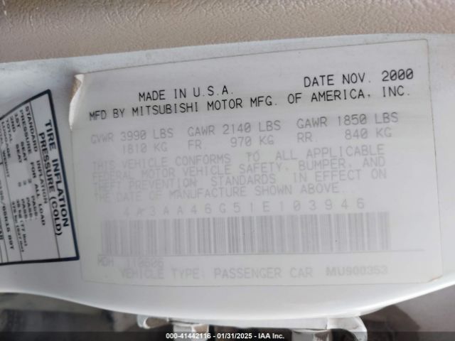 2001 MITSUBISHI GALANT 4A3AA46G51E103946 Photo 8