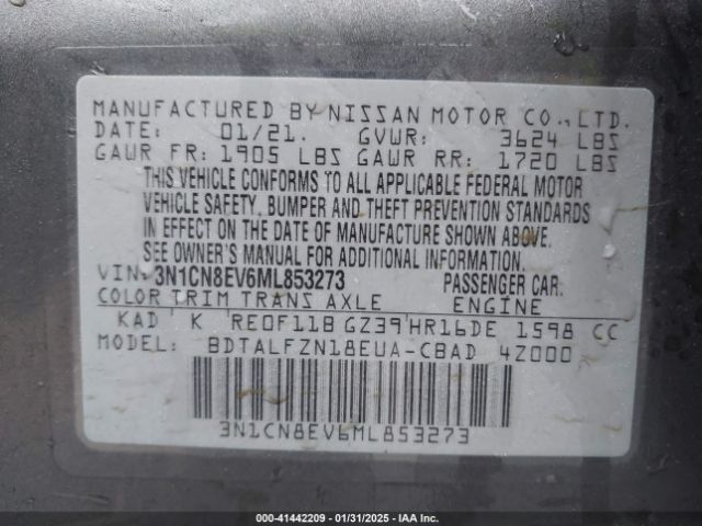 3N1CN8EV6ML853273 Nissan Versa Sv Xtronic Cvt