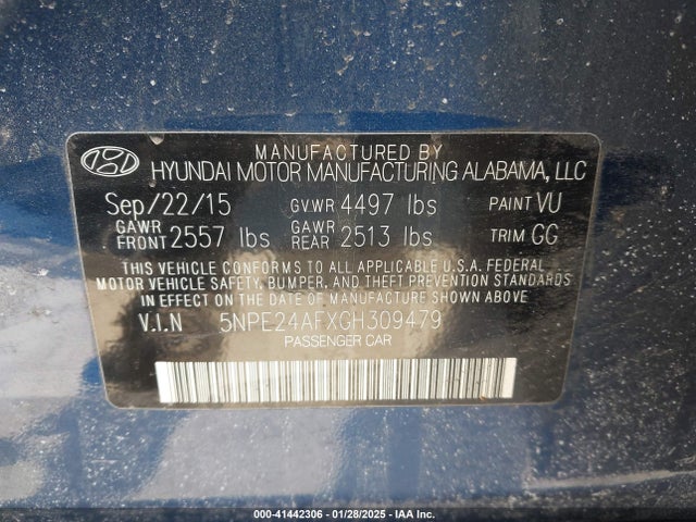 5NPE24AFXGH309479 Hyundai SONATA SE