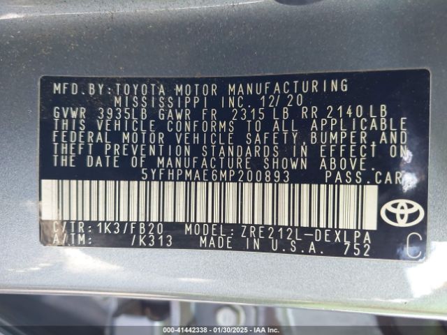 5YFHPMAE6MP200893 Toyota COROLLA LE