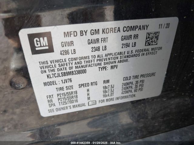 KL7CJLSB9MB338000 Chevrolet Trax Fwd Lt