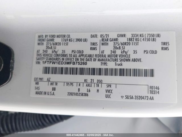 1FTFW1ED3MFB75260 Ford F-150 Platinum