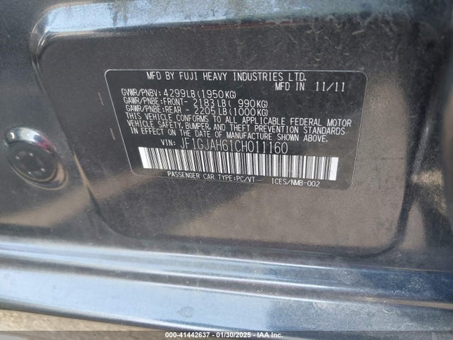 41442637 :رقم المزاد ، JF1GJAH61CH011160 vin ، 2012 Subaru Impreza 2.0i Limited مزاد بيع
