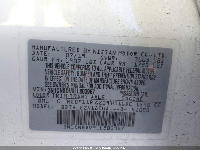 3N1CN8DV9LL803967 Nissan Versa S Xtronic Cvt