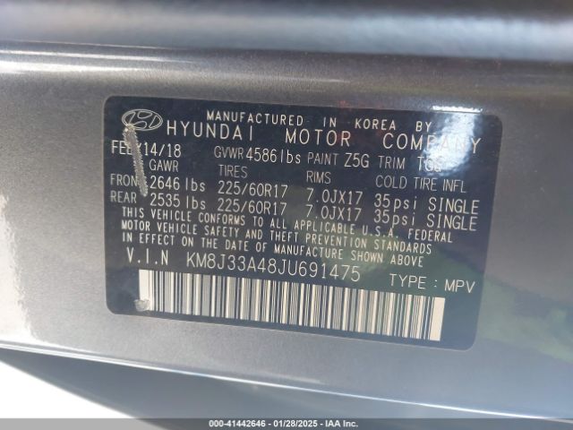 KM8J33A48JU691475 Hyundai TUCSON SEL