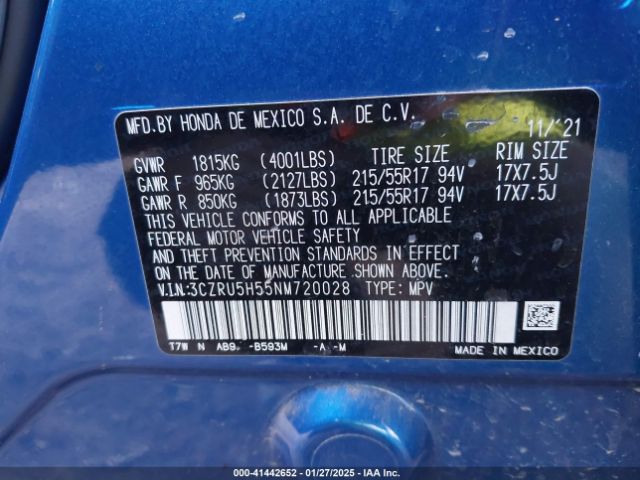 3CZRU5H55NM720028 Honda Hr-v 2wd Ex