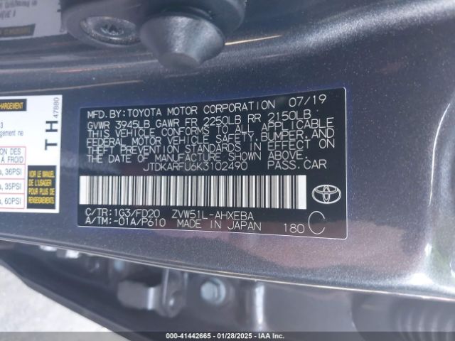 JTDKARFU6K3102490 Toyota Prius Le