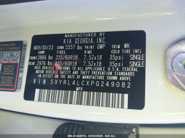 5XYRL4LCXPG249082 KIA SORENTO S