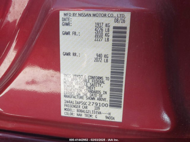 1N4AL3AP5GC279100 Nissan Altima 2.5 S
