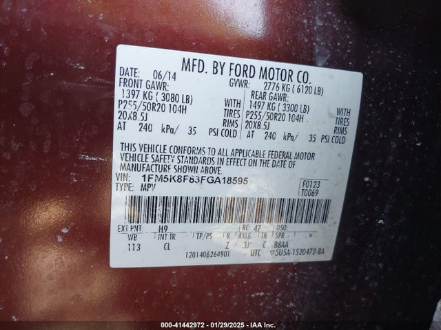 Ford Explorer Limited 2015 1FM5K8F83FGA18595 Image 9