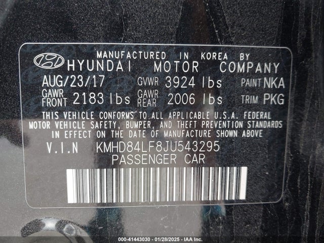 KMHD84LF8JU543295 Hyundai Elantra Value Edition