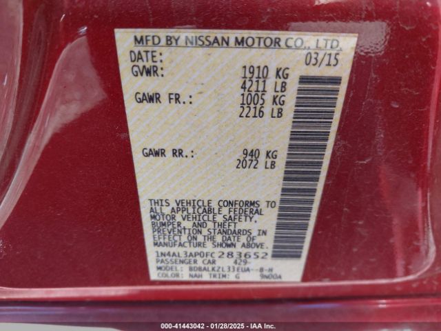 1N4AL3AP0FC283652 Nissan Altima 2.5 Sv