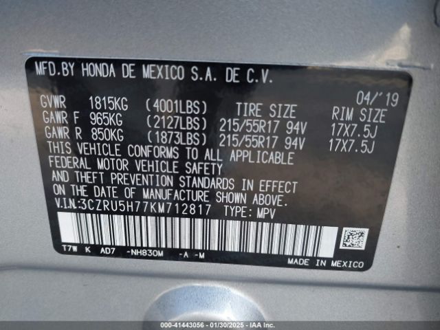 3CZRU5H77KM712817 Honda Hr-v Ex-l