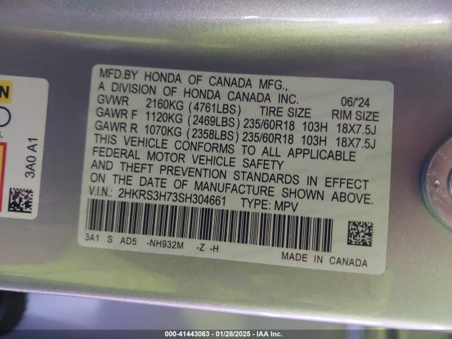 2HKRS3H73SH304661 Honda Cr-v Ex-l 2wd
