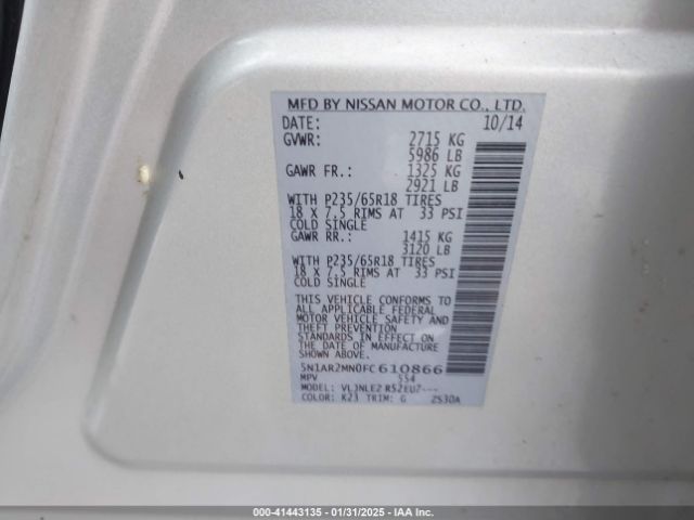 5N1AR2MN0FC610866 Nissan Pathfinder Platinum/s/sl/sv