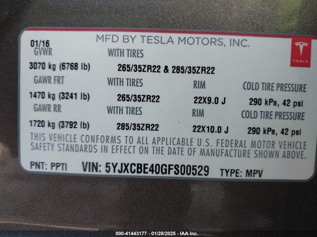 2016 TESLA MODEL X 5YJXCBE40GFS00529 Photo 8