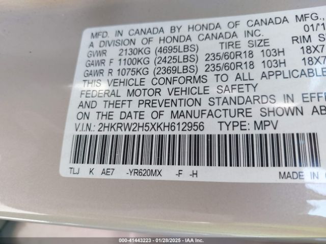 2HKRW2H5XKH612956 Honda CR-V EX