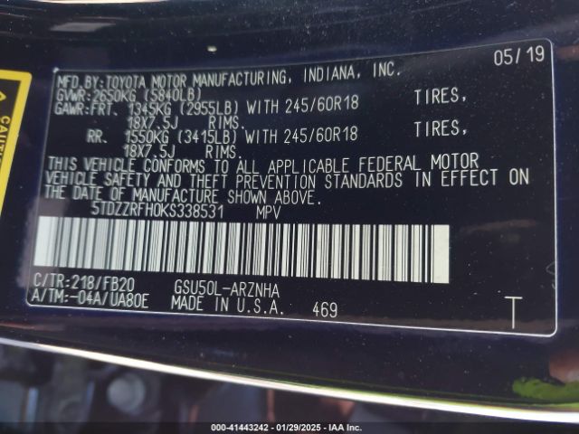 5TDZZRFH0KS338531 Toyota Highlander Le