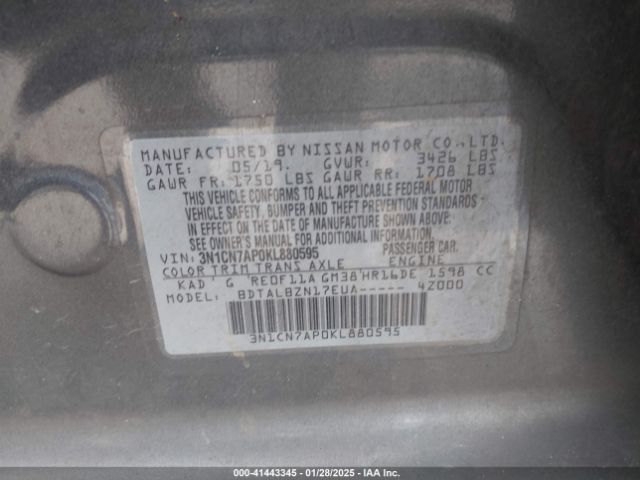 3N1CN7AP0KL880595 Nissan Versa 1.6 Sv